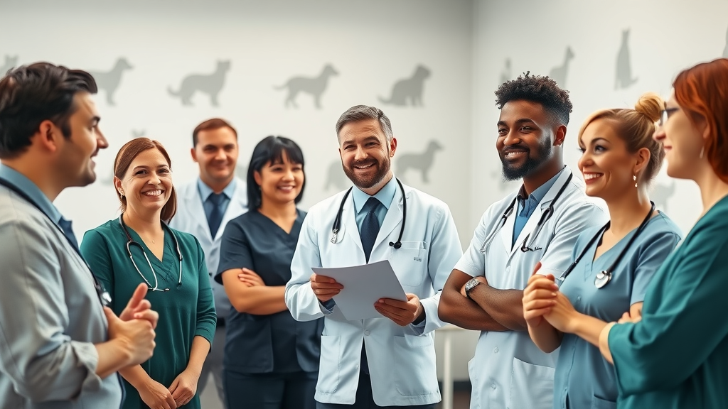 Inspiring veterinary leadership presenting successful pricing strategy to staff in a meeting room