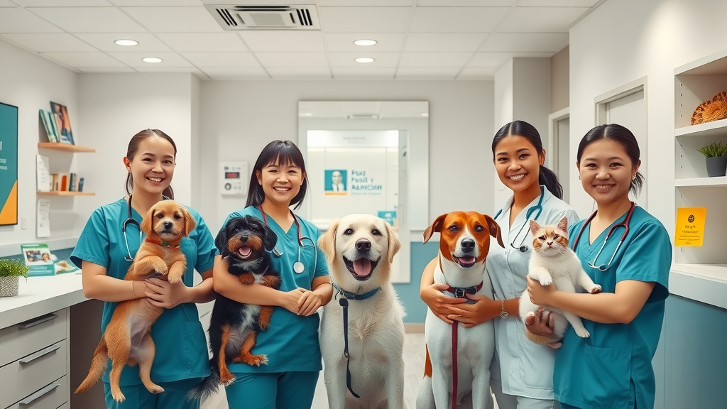 Friendly veterinary clinic reception with staff welcoming pet owners and animals. Modern, animal-friendly decor in an Aussie clinic.