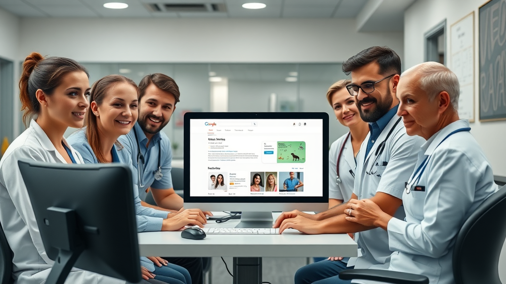 Veterinary clinic staff collaborating around a computer to update the Google Business Profile with clinic images.