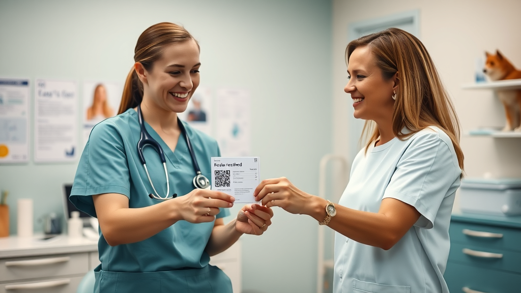 Veterinary nurse giving a review card with QR code to a smiling pet owner after treatment at a vet clinic.