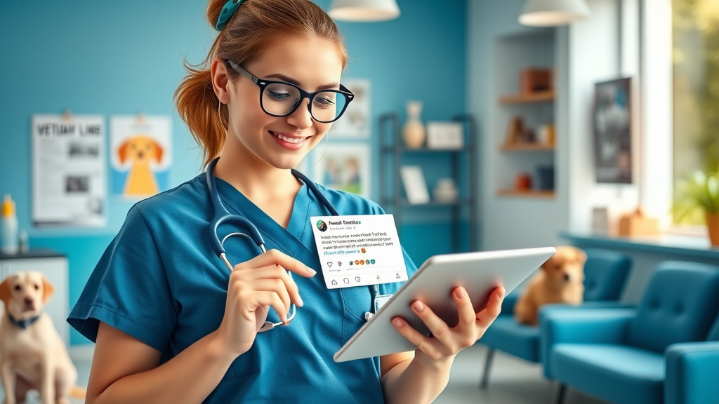 Veterinary clinic manager creating a social media post inviting clients to leave reviews, staff and pets visible.