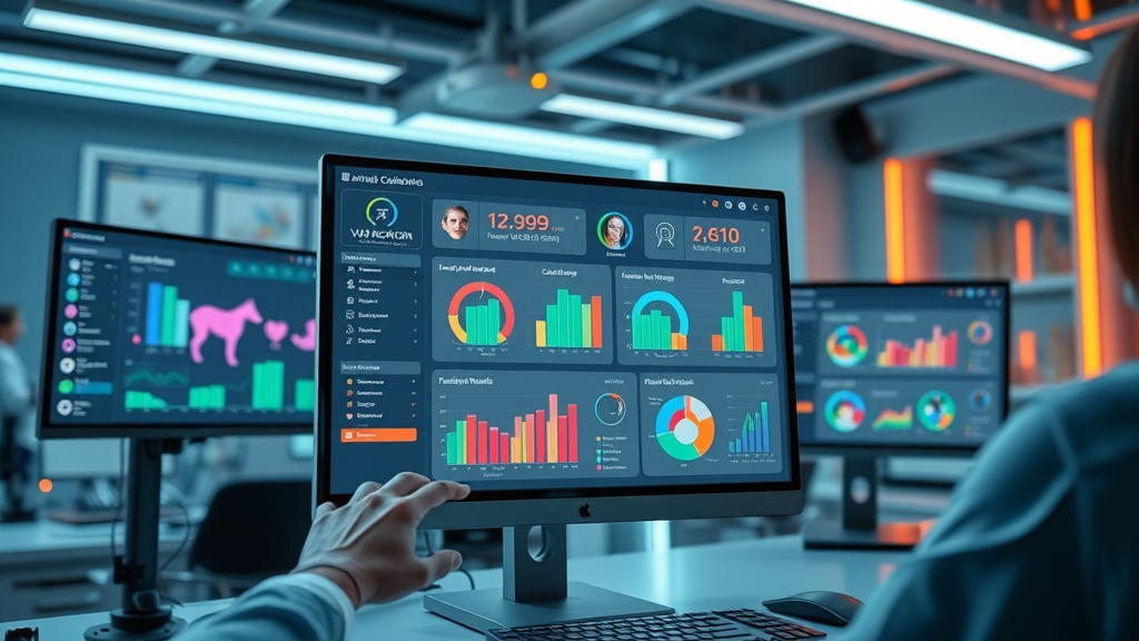 Veterinary software dashboard displaying automated review collection analytics in a modern veterinary office.