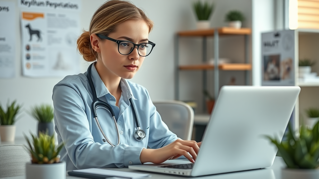 Veterinary practice manager tracking online reviews on laptop using reputation monitoring software in an organized office.