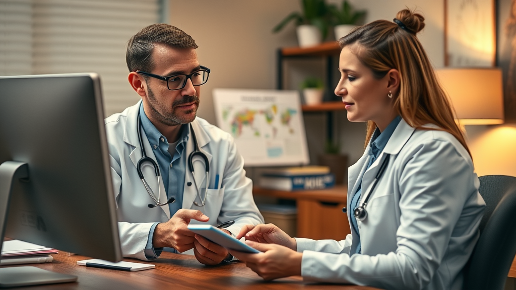 Veterinarian empathetically addressing a negative online review with a pet owner, online via computer.