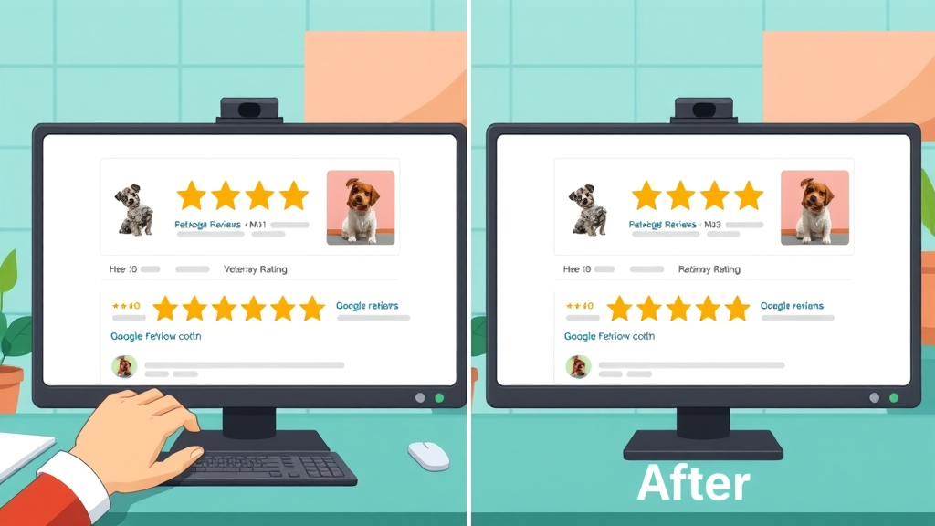 Comparison before and after, veterinary clinic Google review ratings and improved star score on desktop screens.