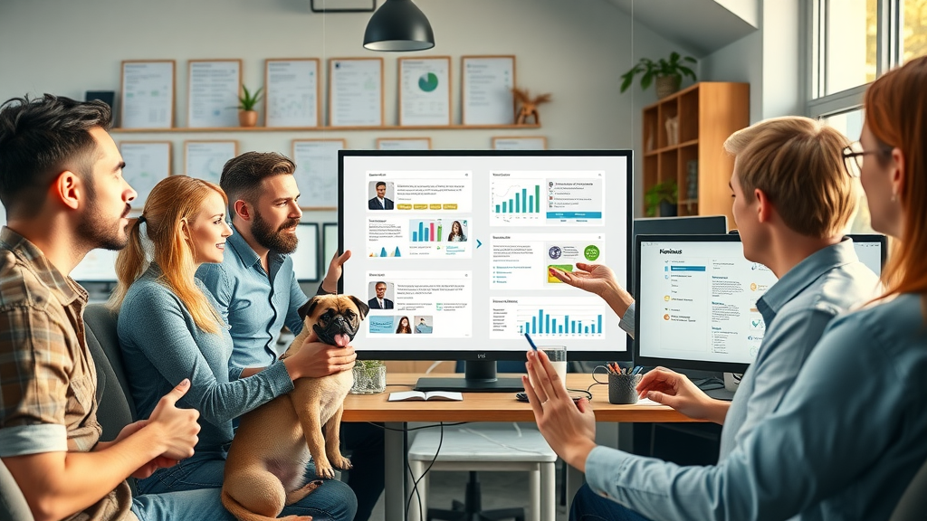 Creative marketing team at a veterinary practice, presenting a storyboard to show how online reviews support website and ads, pets and staff visible.