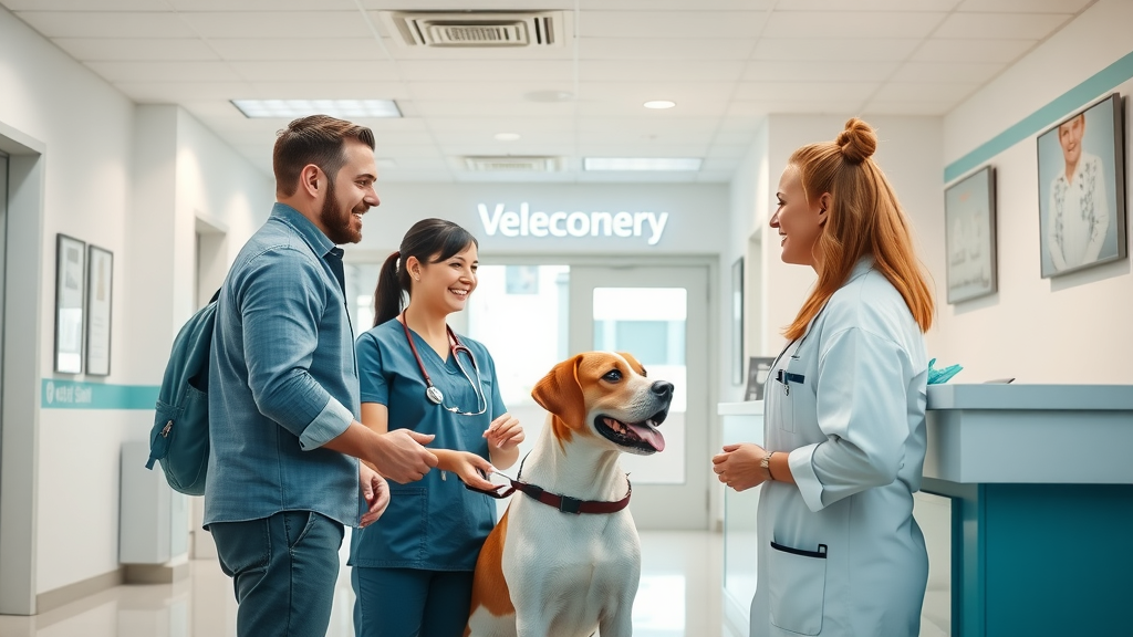Modern veterinary clinic interior with welcoming atmosphere, client flow in your vet clinic, friendly staff greeting pet owner and dog at the reception