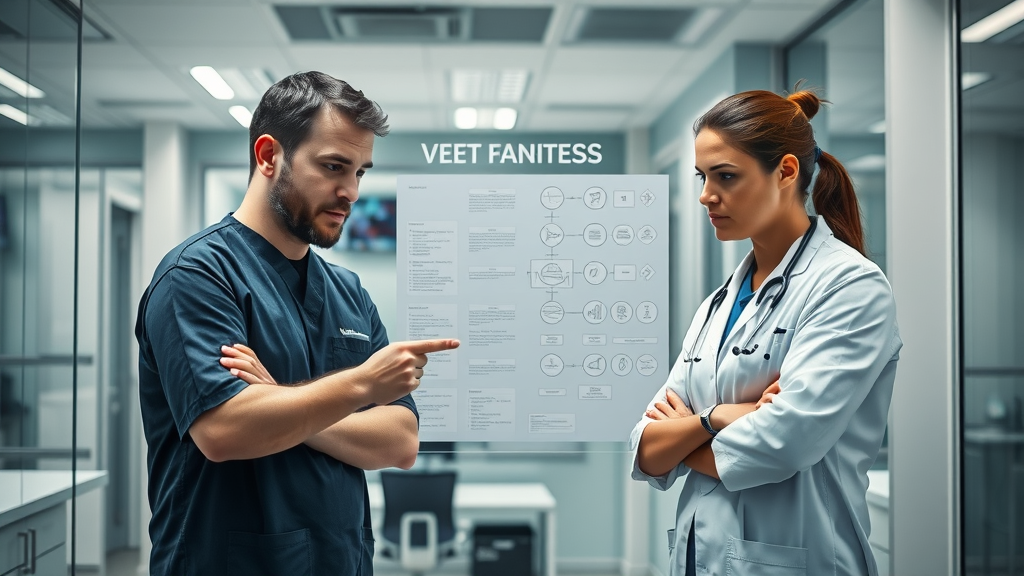 Veterinary team analysing process flow chart to enhance client flow in your vet clinic, pointing at diagram on glass board