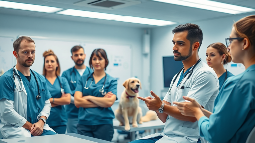 Veterinary staff in training session learning to optimise client flow in your vet clinic, role-playing with clients, engaged and attentive