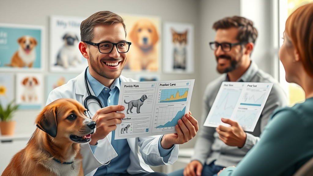 Veterinarian educating pet owners on preventive care for smoother client flow in your vet clinic, using digital charts and warm, engaging communication
