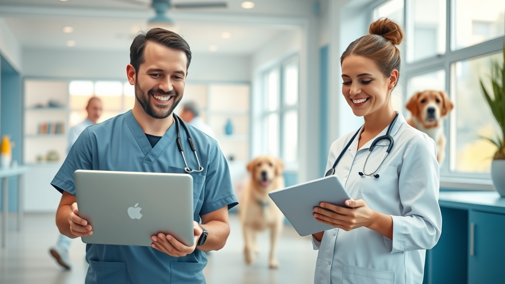 Modern Australian veterinary clinic with friendly veterinary team using best practice management software and a pet owner in the background