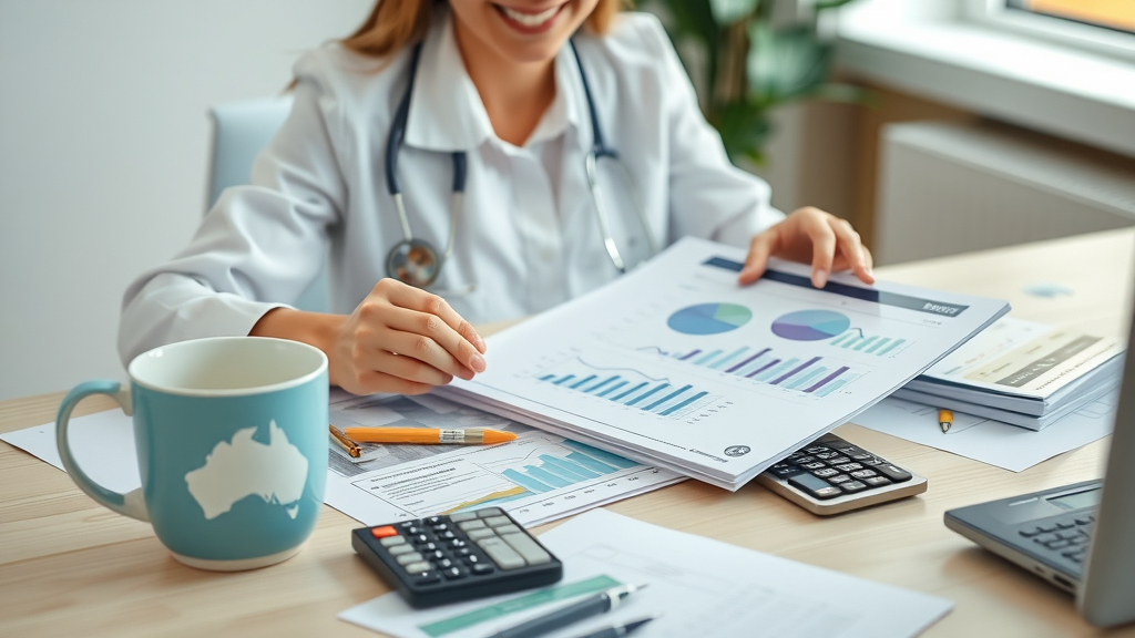 Thoughtful Australian veterinarian reviewing cloud-based management software on a laptop