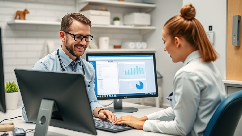 Veterinary IT consultant guiding staff through practice management software in Australian clinic