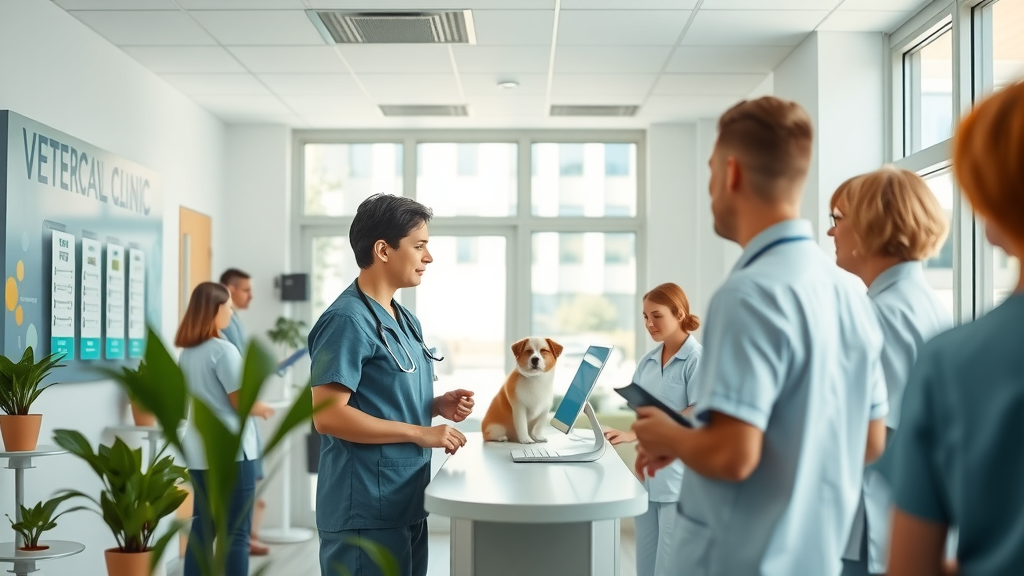 Veterinary clinic using AI scheduling tools in Australia - how ai can save hours in your vet clinic each week, staff and pet owners interact in a modern setting