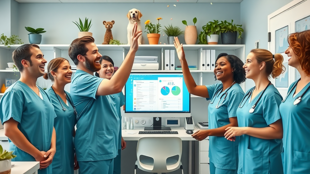 Veterinary clinic team celebrating AI adoption at Paumanok Veterinary Hospital