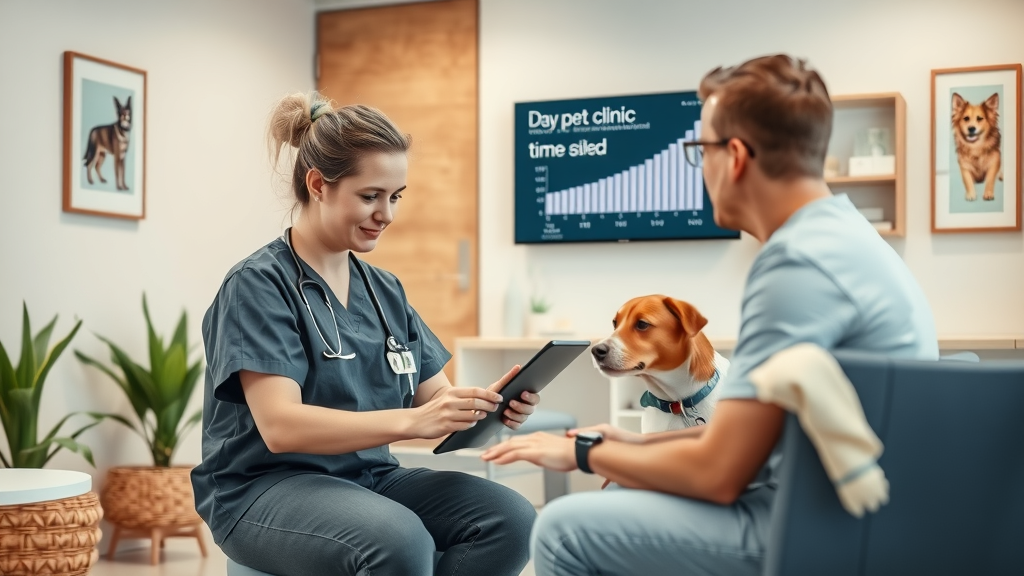 Australian vet clinic consulting over digital device, graph showing hours saved - how ai can save hours in your vet clinic each week