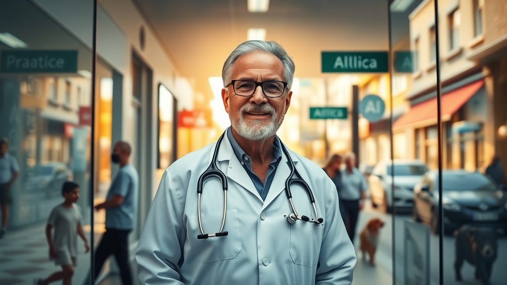 Visionary Australian veterinarian standing at digital-enabled clinic entrance, representing the future of AI in veterinary clinics