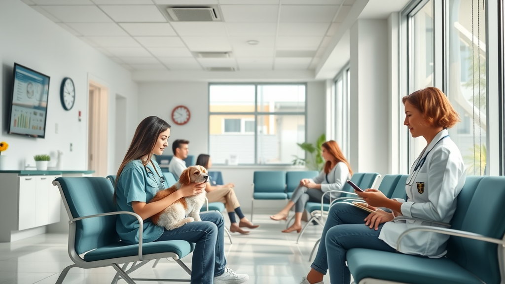 Modern veterinary clinic waiting area with pet owners using smartphones for online booking systems