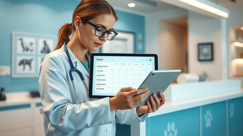 Veterinarian using an online booking system on a tablet at a modern veterinary clinic reception