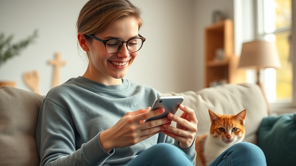 Young pet owner using smartphone to book online veterinary appointment from home