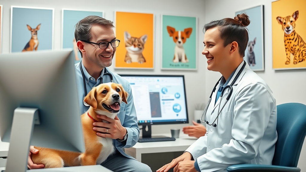 Veterinarian showing appointment details to happy pet owner on computer in consultation room