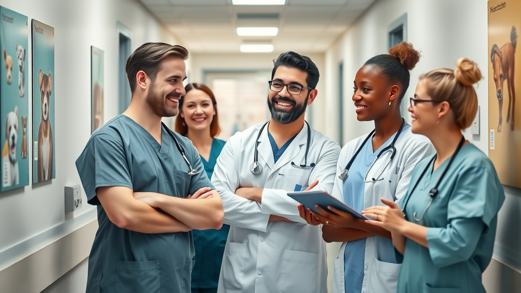 Confident multicultural veterinary team discussing in clinic hallway, showcasing leadership for vet clinic managers and owners