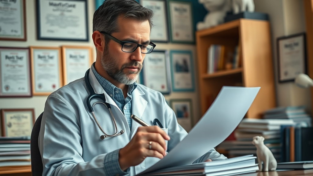 Thoughtful veterinarian leader reflecting and writing notes, demonstrating veterinary leadership priorities