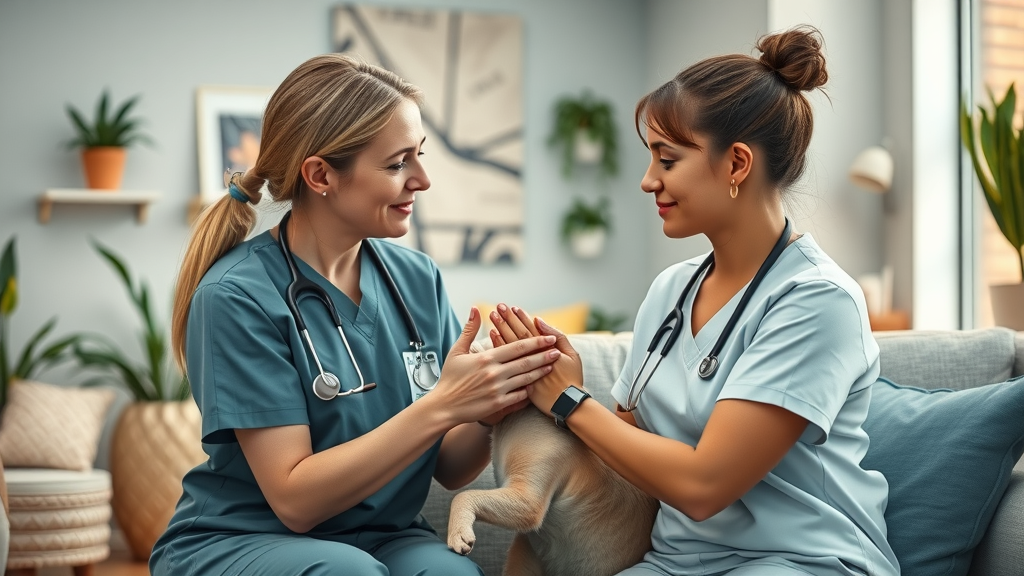 Caring clinic leader comforting a stressed veterinary nurse, showing leadership against burnout in vet clinic