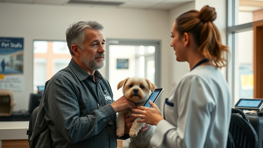 Inquisitive pet owner interacting with attentive clinic staff, depicting strong client communication in veterinary practice management