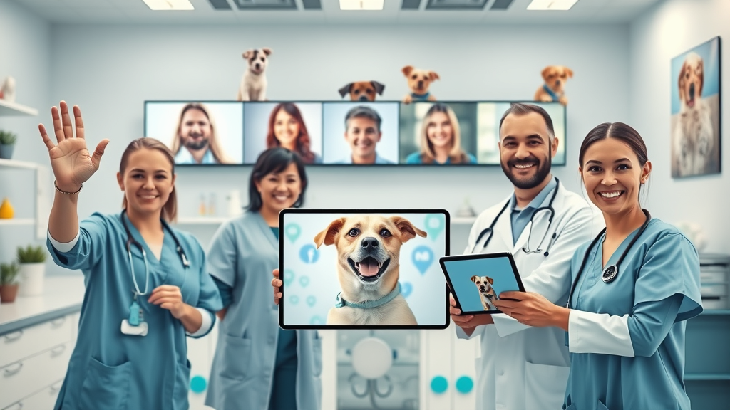 Veterinary telemedicine team interacting virtually with pet owners in an Australian clinic using digital screens and technology.