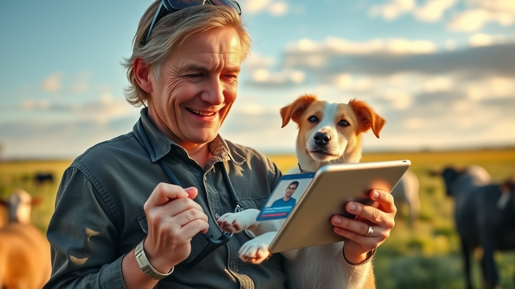 Happy rural Australian pet owner using telehealth appointment app for vet care, with pet dog and open farm landscape.