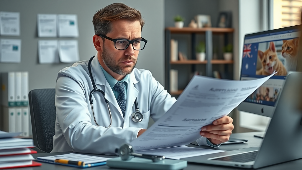 Australian veterinarian carefully checking telemedicine legal documents and regulations at their desk in a modern clinic.
