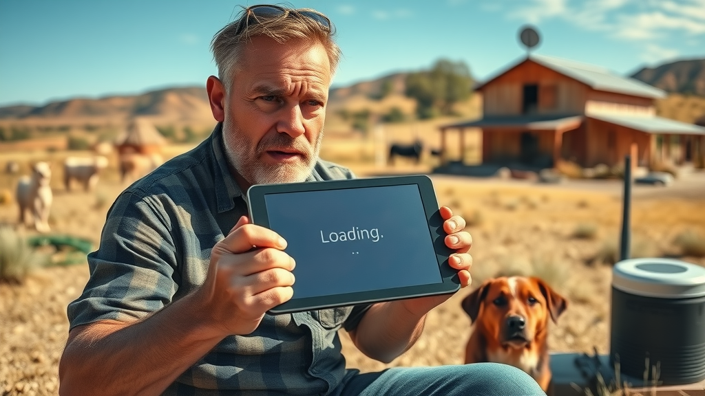Frustrated rural Australian pet owner experiencing slow internet during a veterinary telehealth appointment, with dog and farm backdrop.