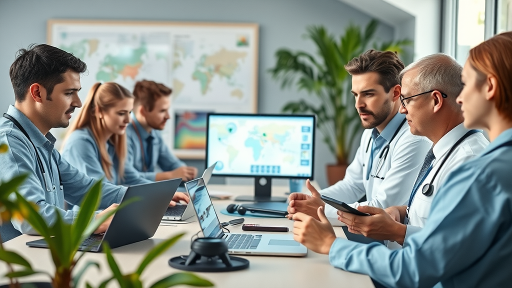 Australian veterinary team collaborating in a telehealth training session, discussing new technologies.