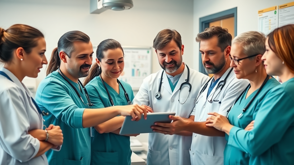 Veterinary clinic team discussing technology adoption. Team gathered around digital tablet in a modern clinic – how to introduce new technology without overwhelming your team