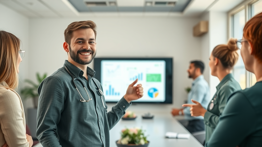 Veterinary team leader communicating technology vision for smooth technology adoption