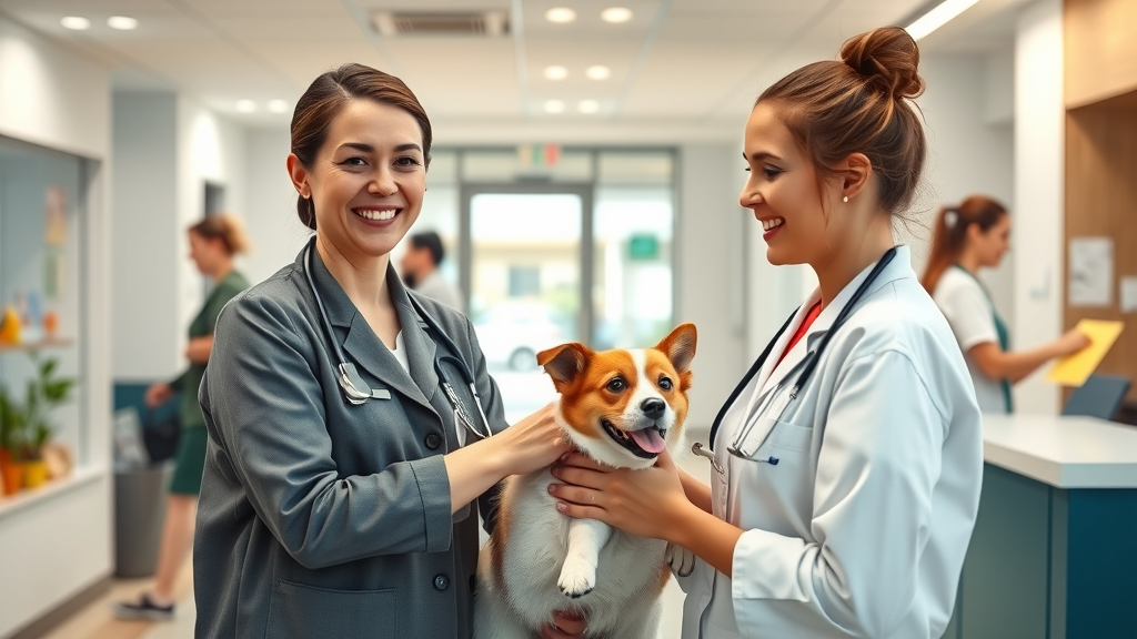 Pet insurance in Australia explained at a friendly Australian vet clinic, receptionist greeting a client with dog and cat in bright modern lobby