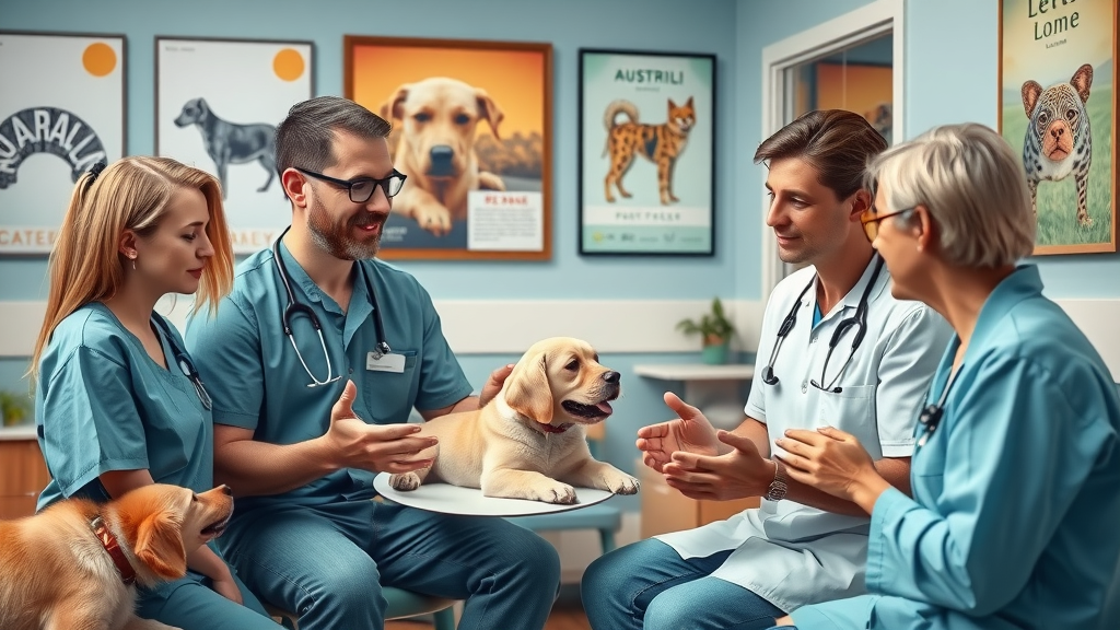 Veterinary team explaining pet insurance in Australia to client in consulting room with pet posters and calm dog
