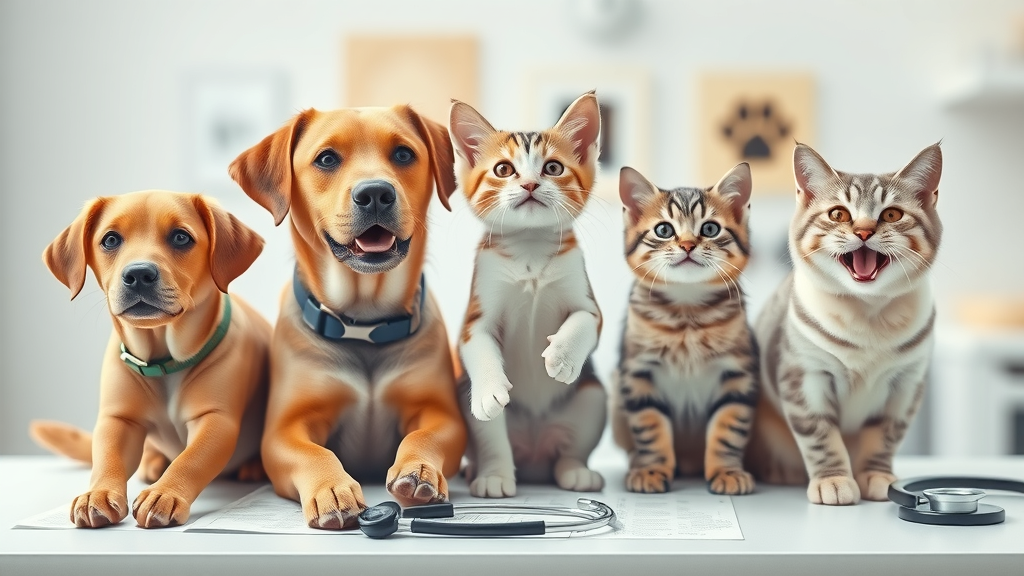 Australian pets representing accident, illness, and routine care coverage for pet insurance in Australia on veterinary table