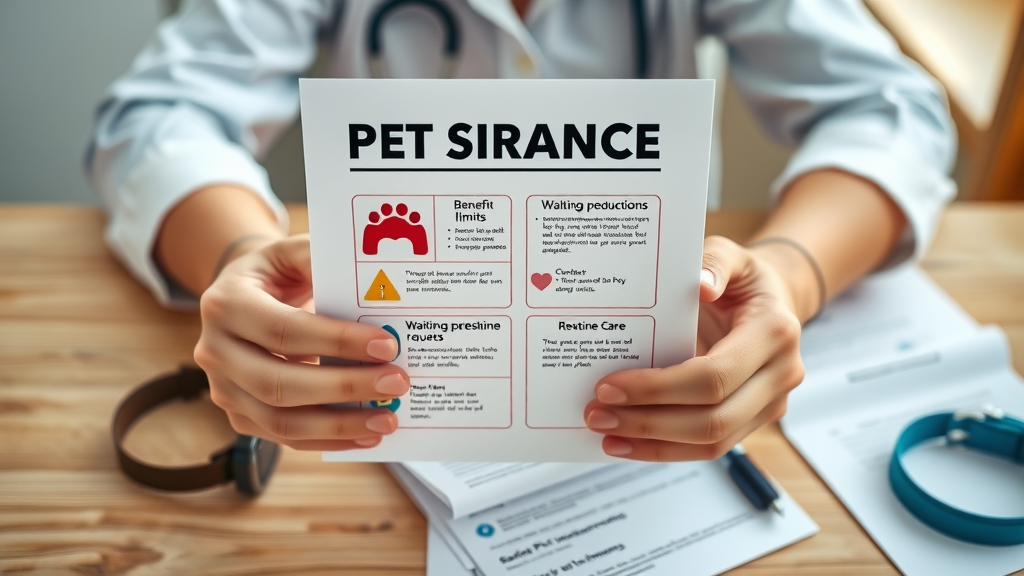 Pet insurance policy documents detailing benefit limits, waiting periods, and routine care in Australia held in well-organized folder on vet desk
