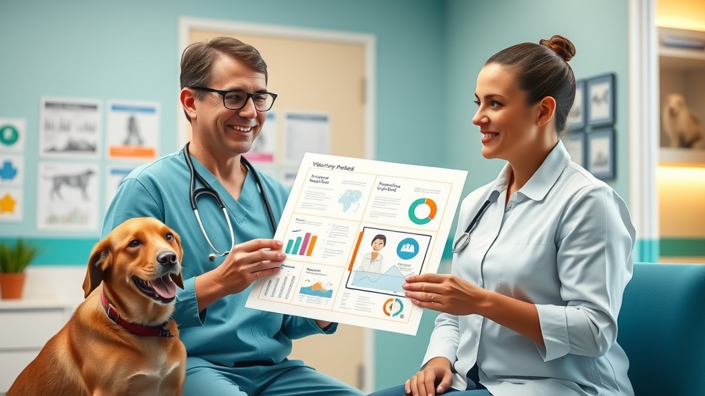 Veterinarian explaining pet insurance cover options in Australia to client using visual handout and infographic in consultation room