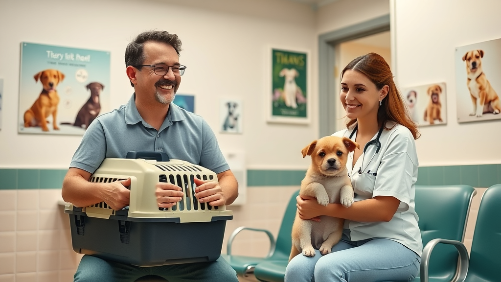 Australian family visiting the vet for pet insurance in Australia, parents and child with puppy and carrier, joyful in waiting area