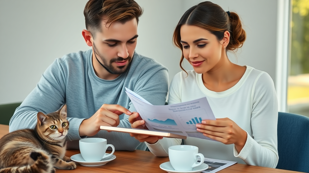 Young Australian couple comparing pet insurance policies in Australia on tablet with cat nearby, brochures and digital graphs