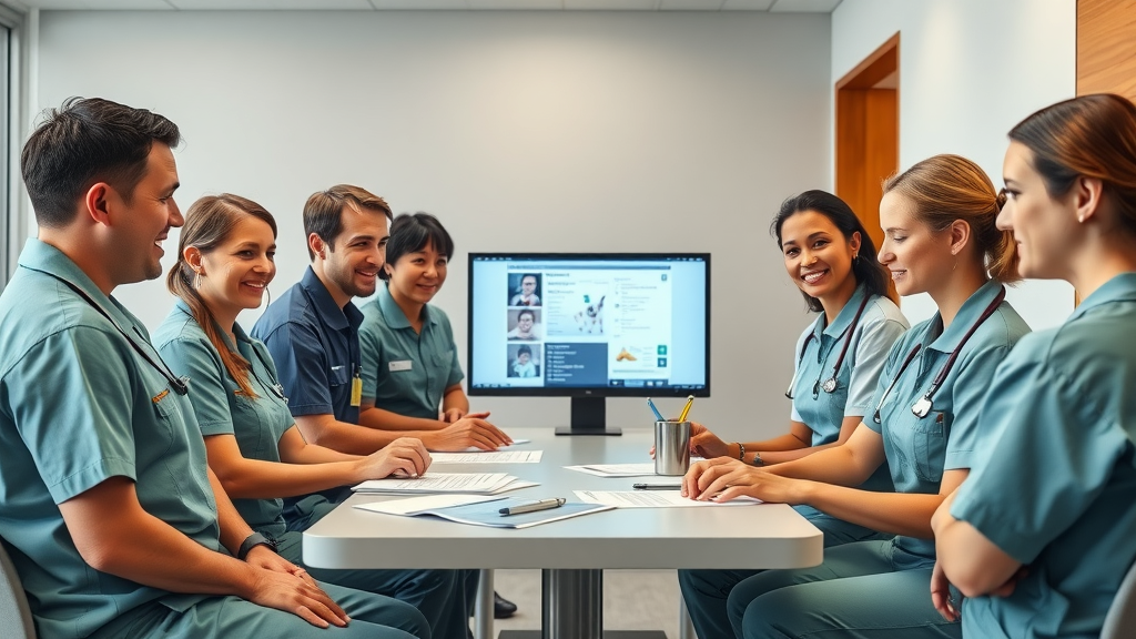 Australian veterinary team practicing scripts for pet insurance in Australia in bright breakroom to ensure consistent client messaging