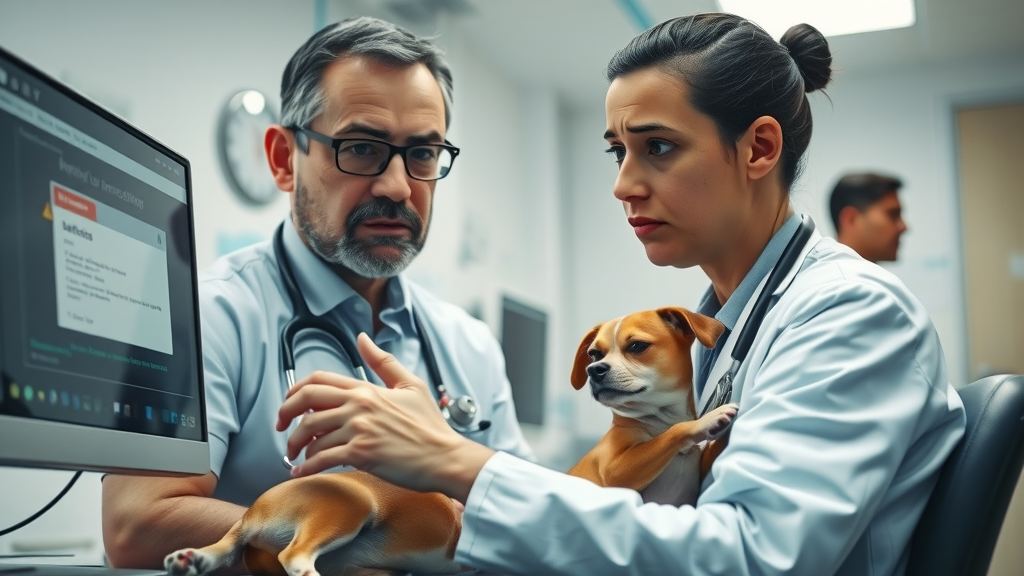 Veterinarian frustrated with glitchy management software in a modern veterinary practice