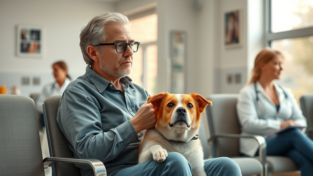 Pet owner with anxious dog delayed by outdated technology in veterinary clinic