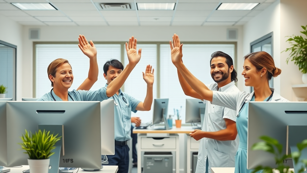 Veterinary clinic staff celebrating successful technology upgrade