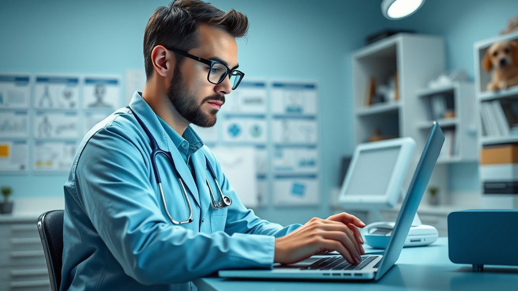 Tech-savvy veterinarian upgrading software in a modern veterinary clinic