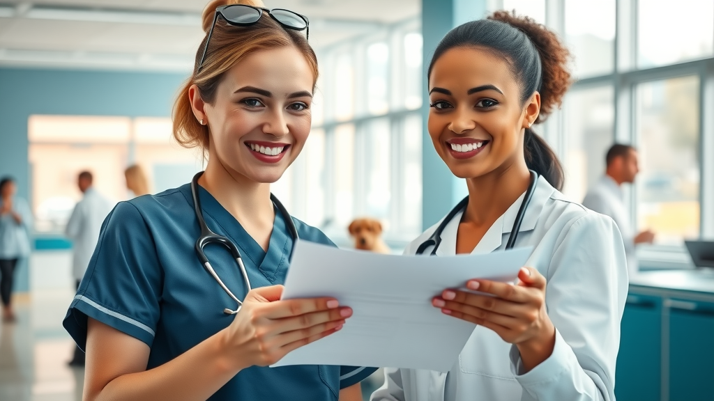 Professional veterinary clinic reception, client communication, friendly receptionist and client discussing paperwork in a bright, modern clinic lobby