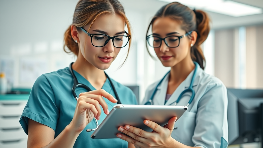 Veterinary staff member using digital tablet for client communication, emails and SMS notifications, in a modern clinic office